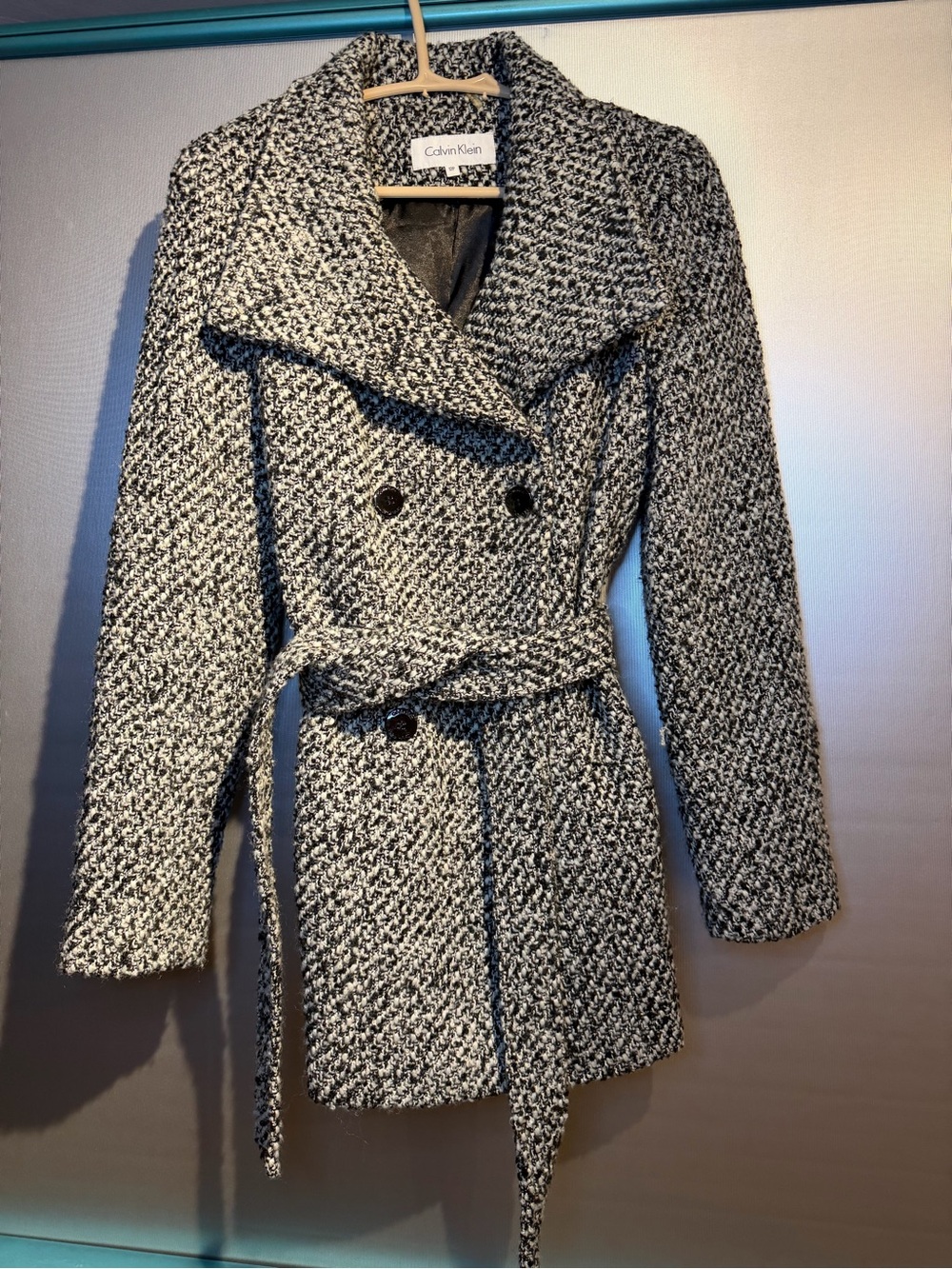 Calvin Klein Black and White Tweed Belted Pea Coat